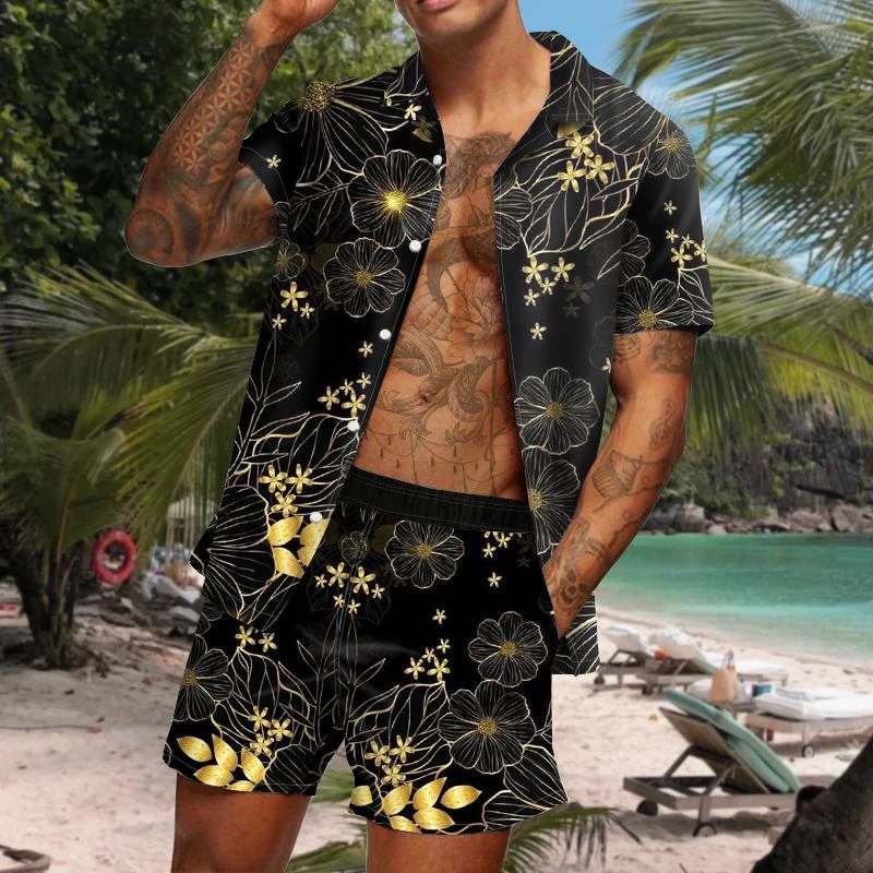 

Fashion Summer Men High Quality Hawaiian Sets Printing Short Sleeve Shirt Beach Shorts Streetwear Holiday Men's Two Piece Suit