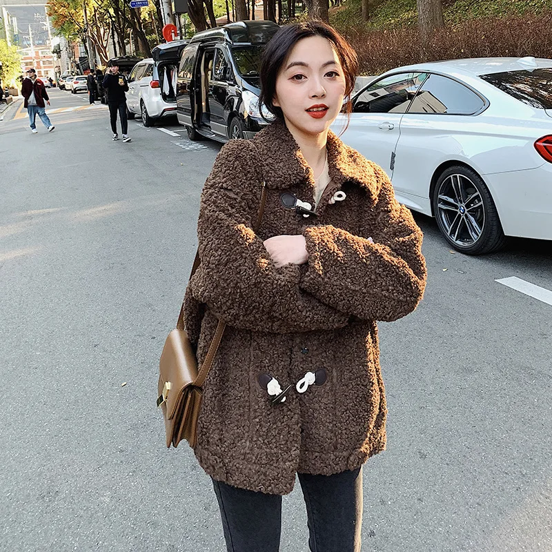 

Photo Shoot 2019 Winter New Style Korean-style Short Loose-Fit Two-color Short-height Casual Toggle Lambs Wool Coat Women's