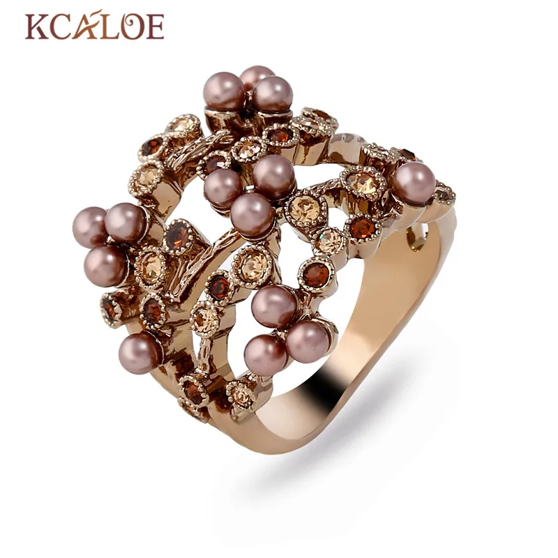 KCALOE, титановое Золотое кольцо, модное, коричневое, имитация жемчуга, обручальное кольцо, хрустальные стразы, женские кольца Anillos, Женские Ювелирные изделия