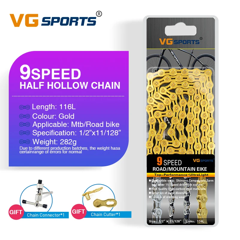 VG Sports 8 9 10 11 цепь для скоростного велосипеда Серебряная полуполая велосипедная цепь для горного велосипеда полые цепи сверхлегкие 116л золотые - Цвет: 9s half hollow gold