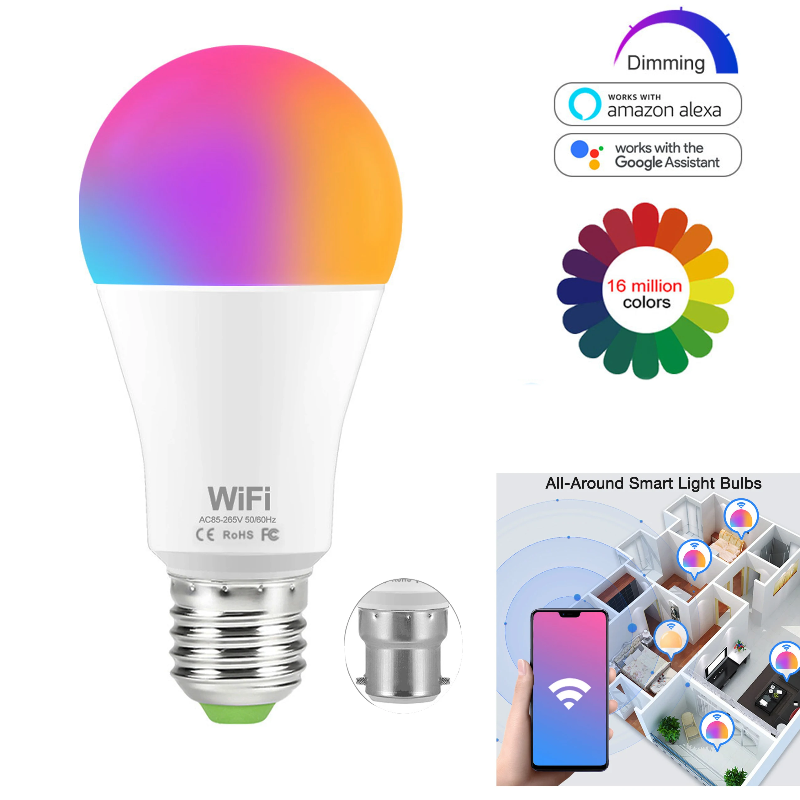 

WIFI Smart Light Bulb Lamp 15W RGB + White/Warm Color LED Lamp Changeable B22 Voice Remote Phone Compatible with Alexa/ Google