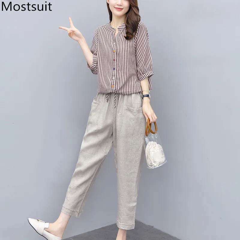 

2022 Summer Casual Two Piece Sets Outfits Women Striped Tops + Ankle-length Pants Suits Korean Fashion 2 Piece Sets