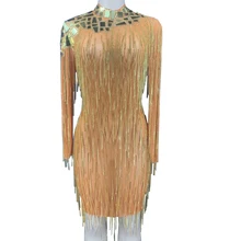 

Sparkling Sequined Gold Crystal Tassel Short Dress Long Sleeve Tight Stretch Women Dress Birthday Party Outfit Nightclub Costume
