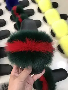

Wholesale Real Fox Slippers Kids Toldder Fur Child Home Slides Girl Flop Flips Raccoon Fluffy Cute Flats Summer Children Indoo