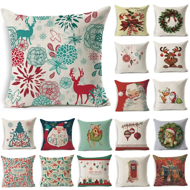 

1Pcs 43*43cm Christmas Cat Deer Flower Pattern Cotton Linen Throw Pillow Cushion Cover Car Home Sofa Decorative Pillowcase 40478