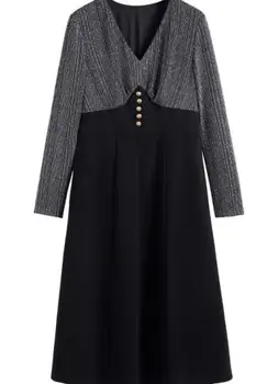 

2020 Spring Women Retro Patchwork Plus Size Middle Aged Long Dress Long Sleeve V-neck Formal Fashion Mother Midi Dresses