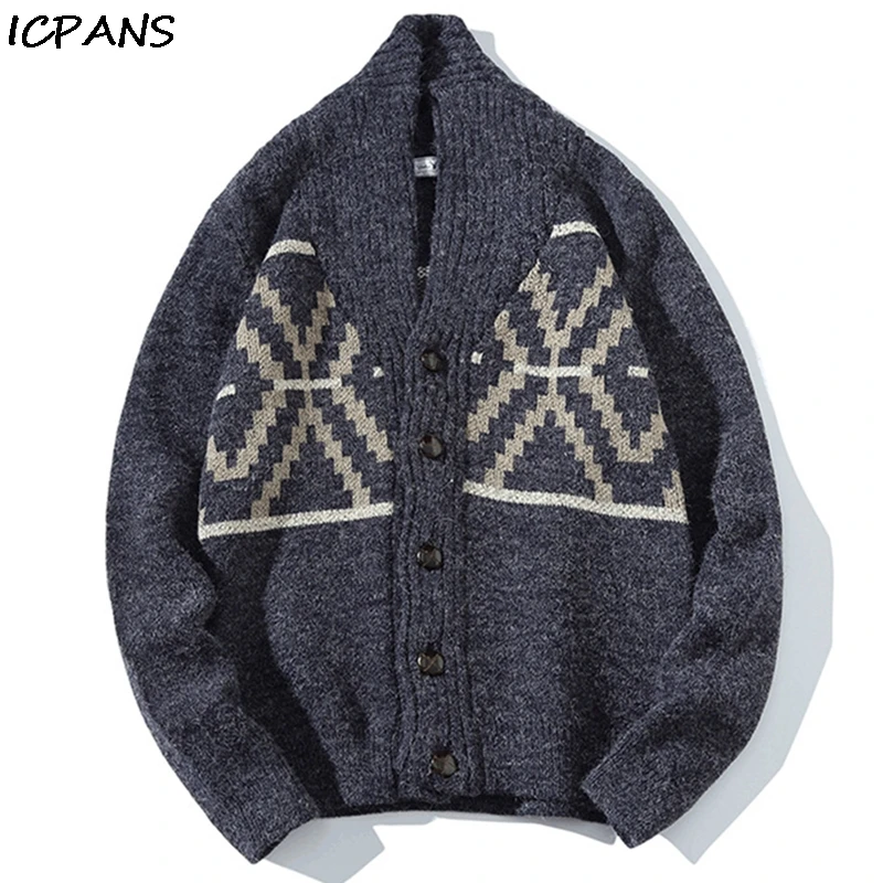 

ICPANS Knitting Needlework Knitted Striped Sweater Mens Coarse Wool Japanese Style Cardigan Streetwear Male 2019 Sweater Cotton