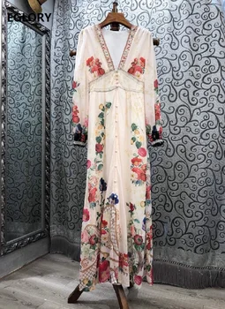 

Autumn Long Dress 2020 High Quality Designer Clothing Women Sexy V-Neck Colorful Flower Print Beading Deco Long Maxi Dress Chic
