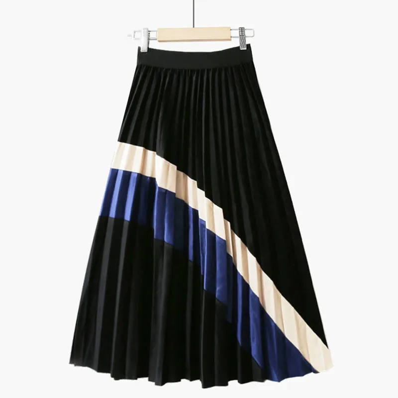 Теплая миди юбка Женская Осень Зима Лоскутная Корейская Женская высокая талия Женская юбка в складки длинная юбка женская