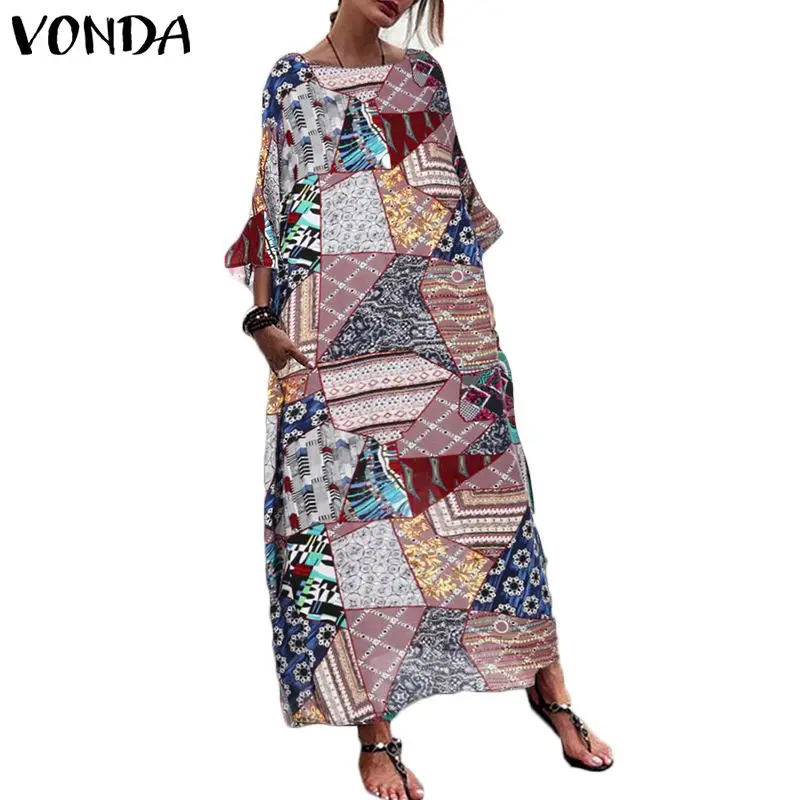 VONDA, винтажное платье макси с принтом, повседневное, с длинным рукавом, с круглым вырезом, для вечеринки, богемное платье с оборками, Vestidos размера плюс - Цвет: Зеленый