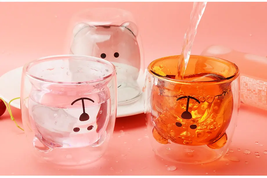 270ml Creative Coffee Mug Double Wall Glass Mugs Cute Cartoon Bear Tea Beer Mug Funny Mug Travel Drinking Glasses Shot Glasses