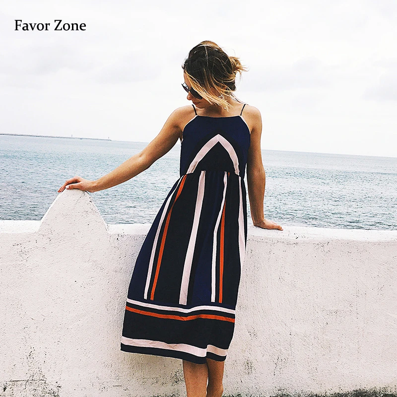 

Chiffon Summer Sundress Vintage Elegant Striped Midi Boho Beach Dress Women Strap Backless Sexy Evening Party Dress Vestido 2019