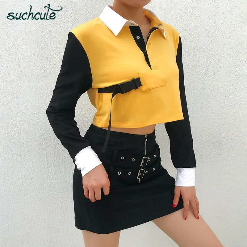 SUCHCUTE Longslive женские поло Modis футболка для женщин Лоскутная Harajuku Кнопка Готический повседневные топы в Корейском стиле фестиваль