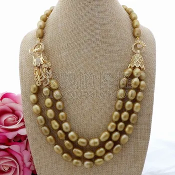 

N081803 3Strands 21"-24" Champagne Rice Pearl Necklace CZ Pendant