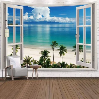 

Imitation Window Landscape Tapestry Wall Hanging Tropical Tree Tapestries Art Home Decoration Sea Sunrise Home Dorm