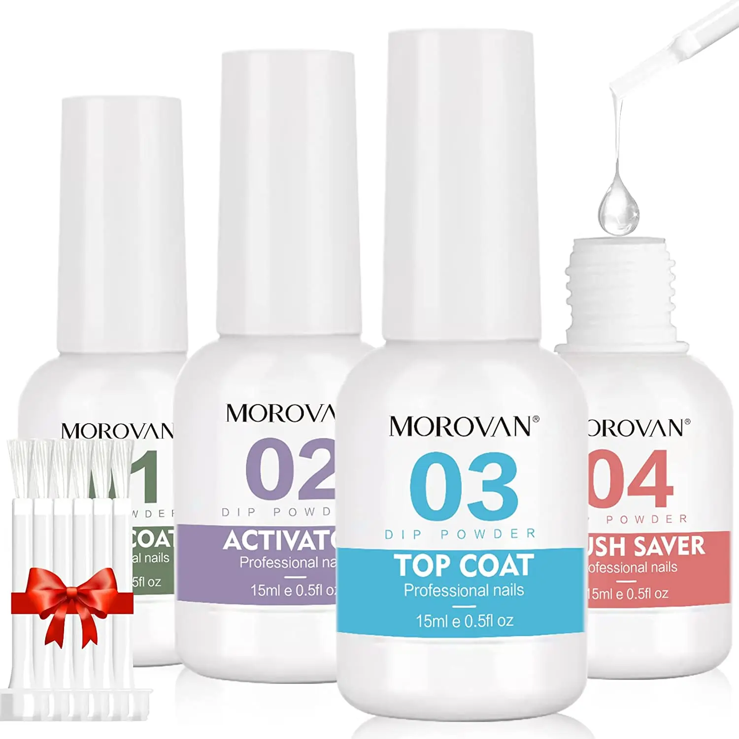 Nail Art Set Dip Powder Liquid Set with Activator Base Top Coat and Dipping Powder Brush Saver 4pcs 0.5oz for Dip Nail Kit