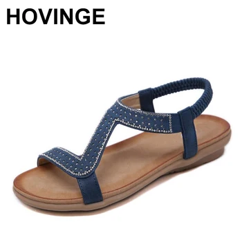 

HOVINGEWomen Summer Open Toe Comfy Sandals Super Soft Bohemian Rhinestone Low Heels Walking Sandals Toe Elastic Band Beach Shoes