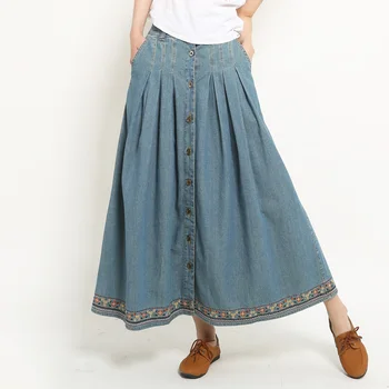 

Cotton denim skirts women embroidery skirts casual spring autumn A-line elastic waist empire mid-calf skirts female