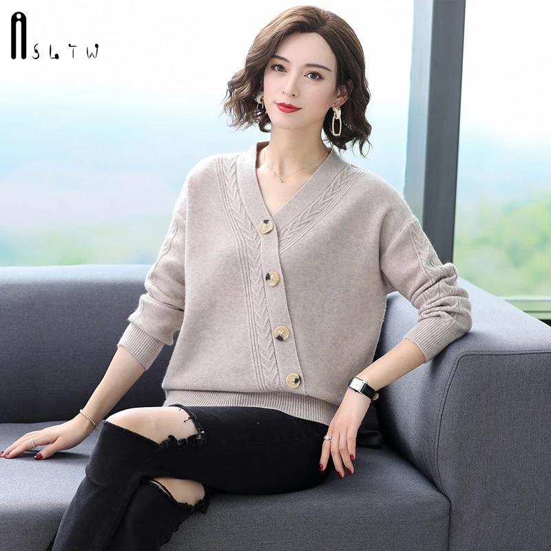 ASLTW Pullover Sweater Woman Winter Thick Solid Button V Neck Jumper Long Sleeve Top Pull Femme Cashmere Women | Женская одежда