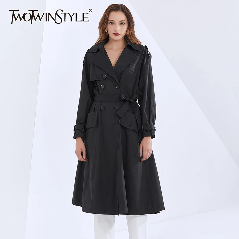 

TWOTWINSTYLE Casual Windbreaker For Women Lapel Collar Long Sleeve Patchwork Lace Up Loose Windbreakers Female 2020 New Clothing