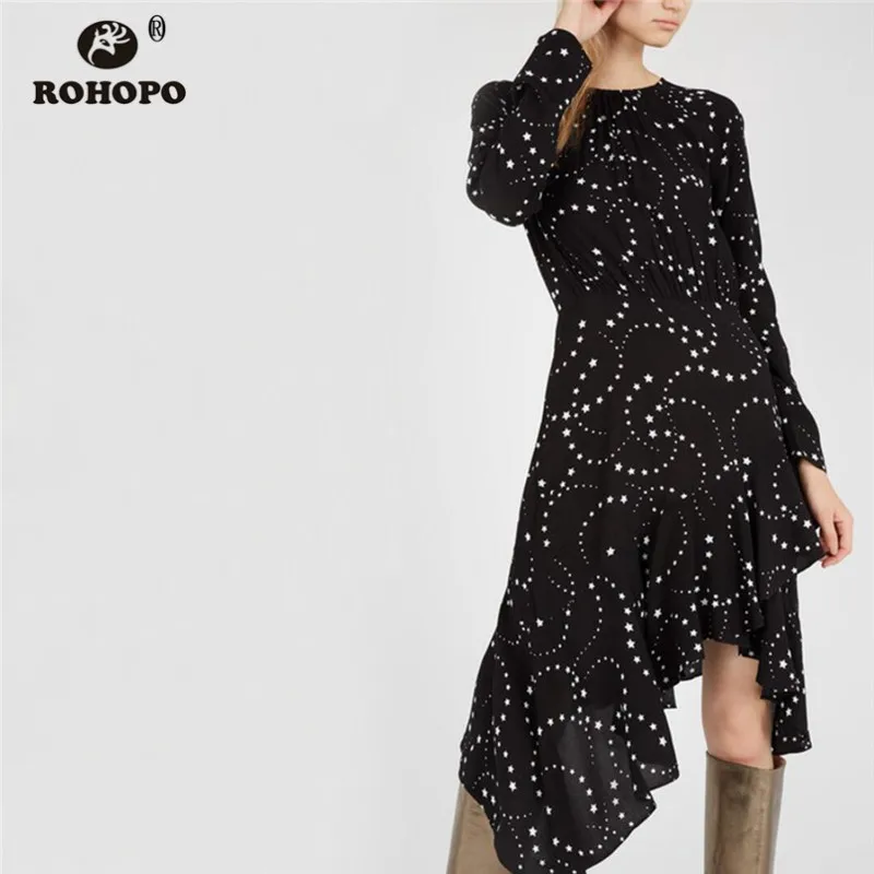 

ROHOPO Gradient Hem Black Midi Dress Long Sleeve Stars Printed Elasticity Waist Pleated Back Closure Neck Elegant Vestido #6972