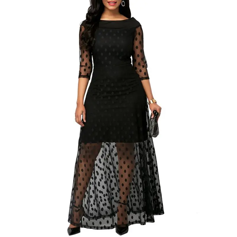 

Women's O-Neck Dot Print Mesh Dress Patchworck Sexy Half Sleeve Fit and Flare Floor-Length Midi Dresses
