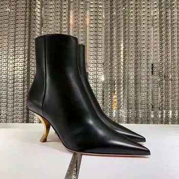 

Black Leather Ankle Boots Women Pointed Toe Shoes Fashion Design Strange Heel Zipper Booties Autumn Winter