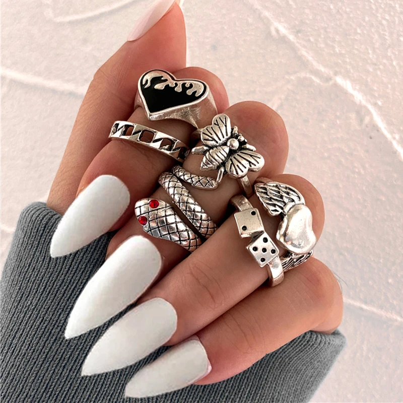 Punk Snake Gothic Silver Color Finger Ring Set 6PCS For Women  Heart Butterfly Wing Angel Wings Cupid Charms Rings Jewelry