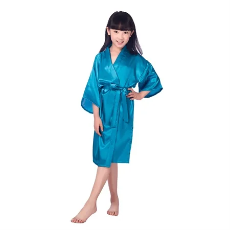 Темно-Синие пижамы; детские летние шелковые кимоно в японском стиле; Одноцветный халат; банный халат для малышей; ночная рубашка для девочек; пижамы для детей; размеры M-4XL - Цвет: lake blue