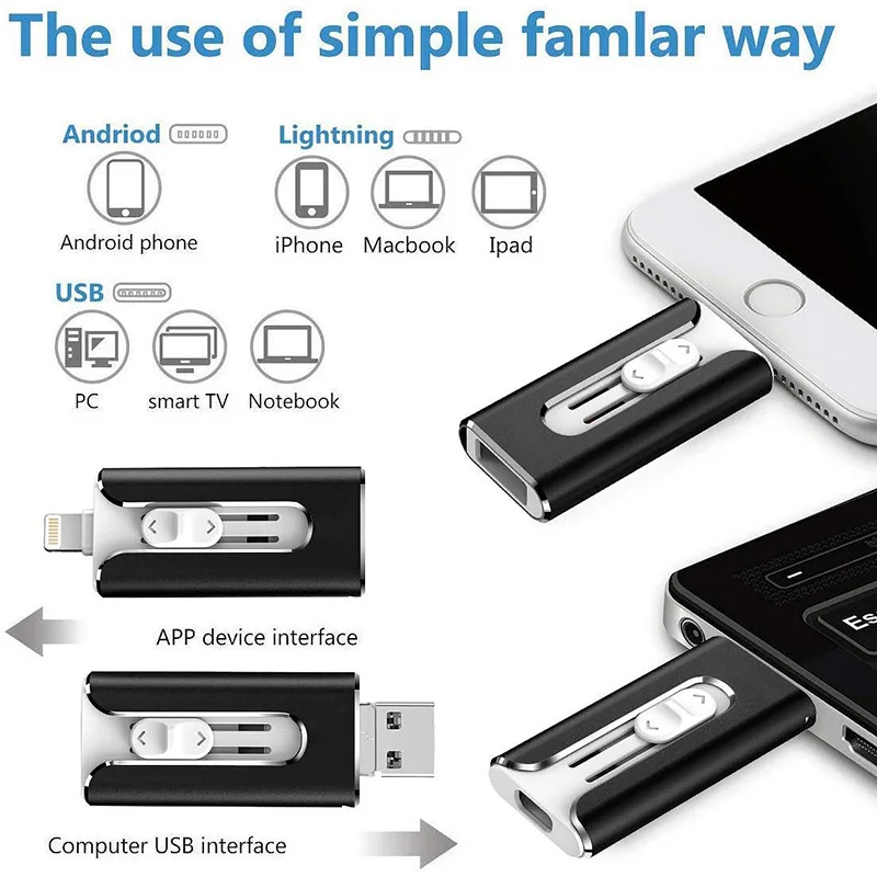 Usb Flash Drive 32gb 64gb For iPhone 13/12/6Plus/7/7Plus/8/X Usb/Otg/Lightning 4 in 1 PenDrive For iOS External Storage Devices 128gb flash drive