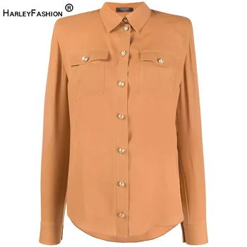 

Spring Fall Classic Design Russian Style Women Khaki Fit Shirt Gold Metal Buttons All-match Female Casual Tops High Quality