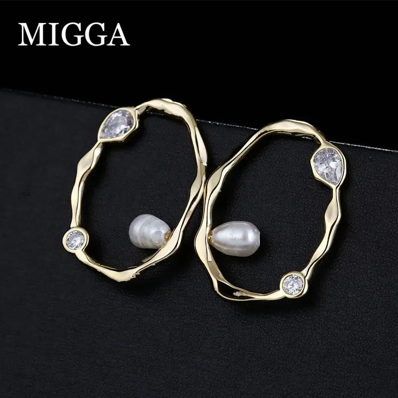 MIGGA, Пресноводный Жемчуг, кубический циркон, инкрустированные геометрические серьги-гвоздики для женщин, золотой цвет, массивное ювелирное изделие