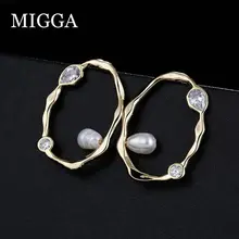 MIGGA, Пресноводный Жемчуг, кубический циркон, инкрустированные геометрические серьги-гвоздики для женщин, золотой цвет, массивное ювелирное изделие