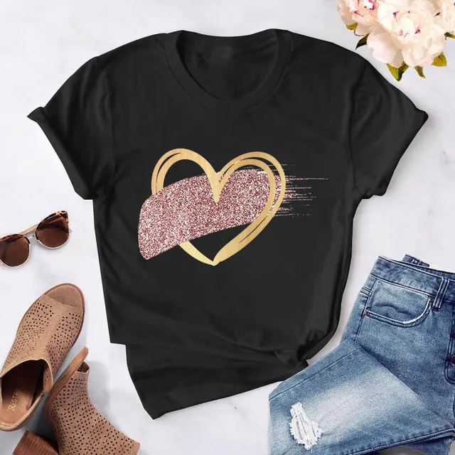 Heart flower print ladies T-shirt ladies casual basis O-collar white shirt short sleeve ladies T-shirt love graphic printing CT-Black-754