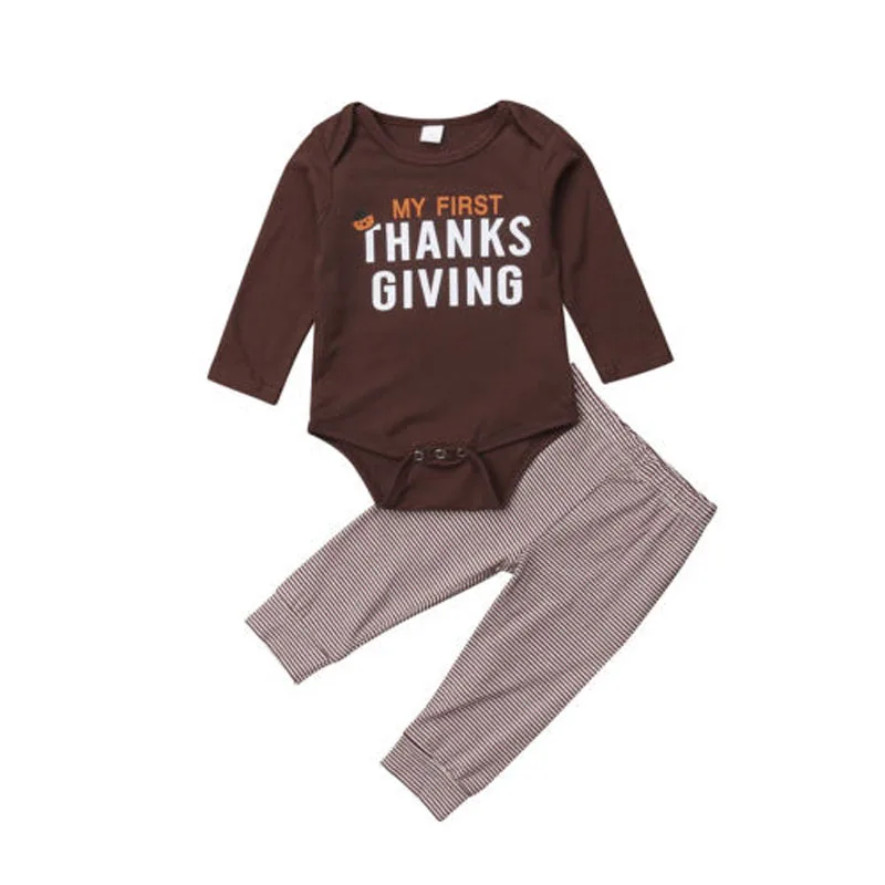 2019 Autumn My First Thanksgiving Outfits Baby Girl Boy Clothes Long Sleeve Romper+Striped Turkey Pants Holiday Set Fall | Детская
