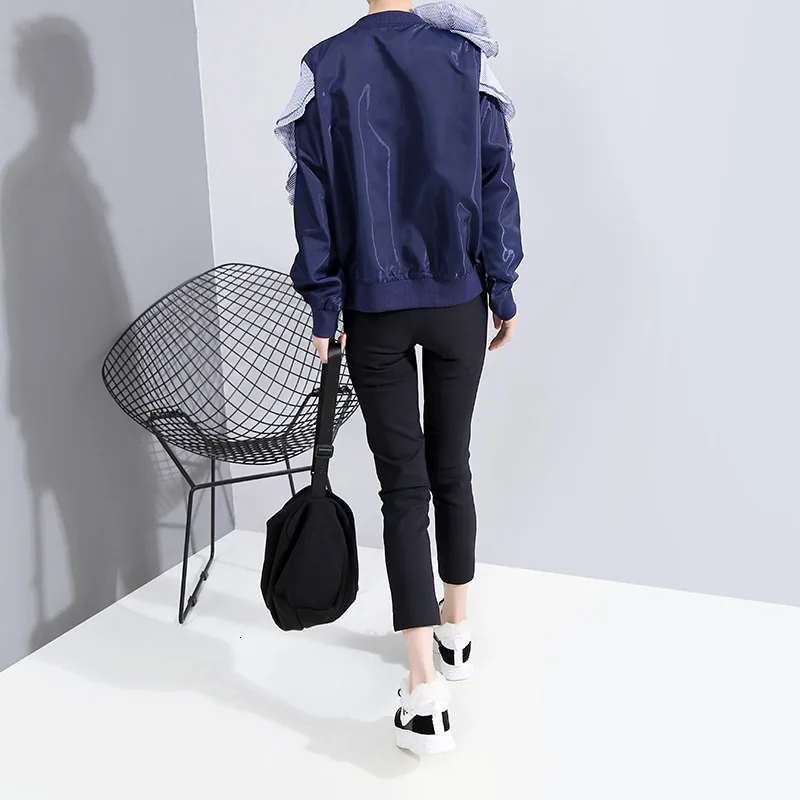 astounding  [EAM] Loose Fit Blue Striped Ruffles Big Size Jacket New Stand Collar Long Sleeve Women Coat Fashio