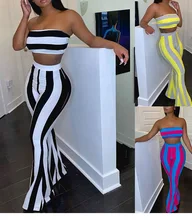 

New women's suit African hot selling striped print chest flared pants hip two-piece set