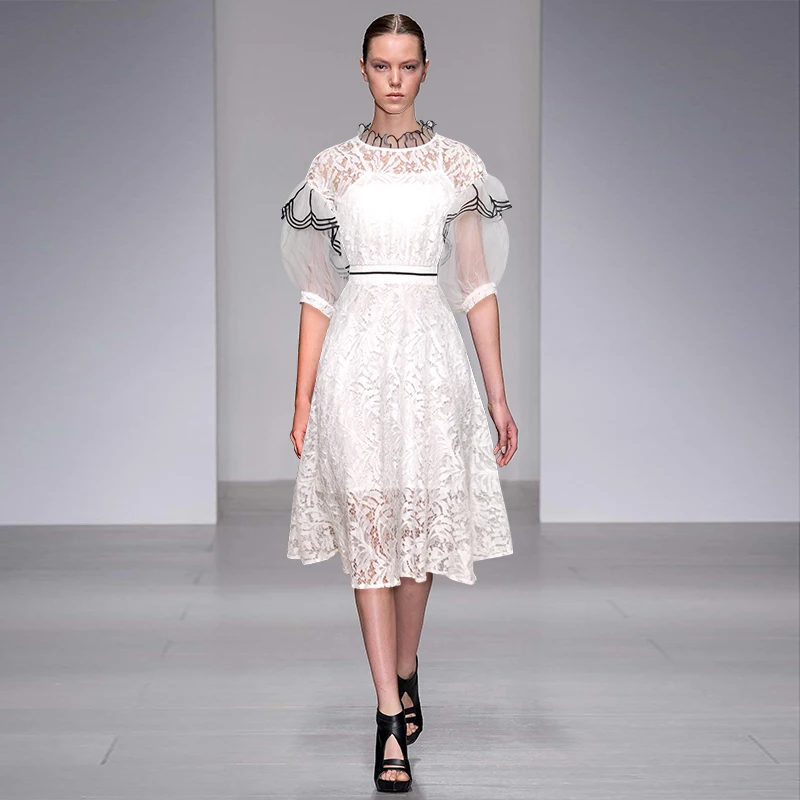 

Elegant Runway Designer White Black New Spring Summer Dress Women Fashion Lace Mesh High Street Clothes Patchwork Dresses Female