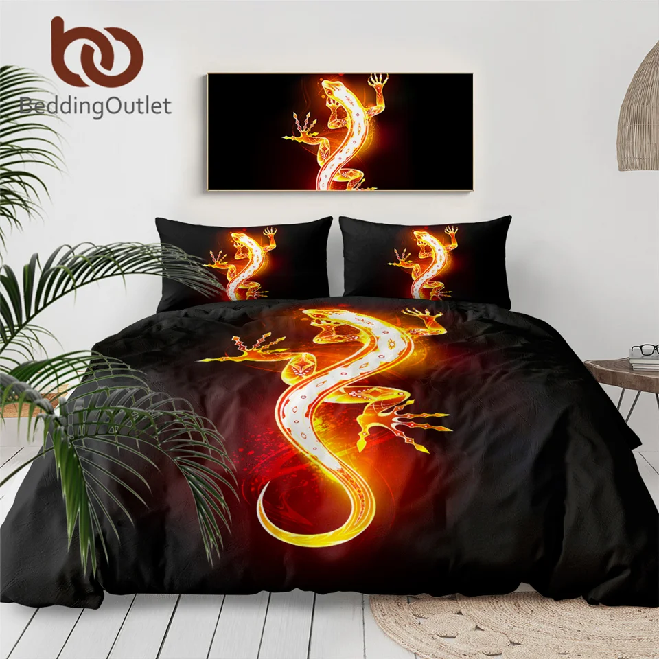 

BeddingOutlet Golden Salamander Bedding Set Fire Flame Quilt Cover Artistic Luxury Bed Cover Set Lizard Black Bedspreads 3-Piece