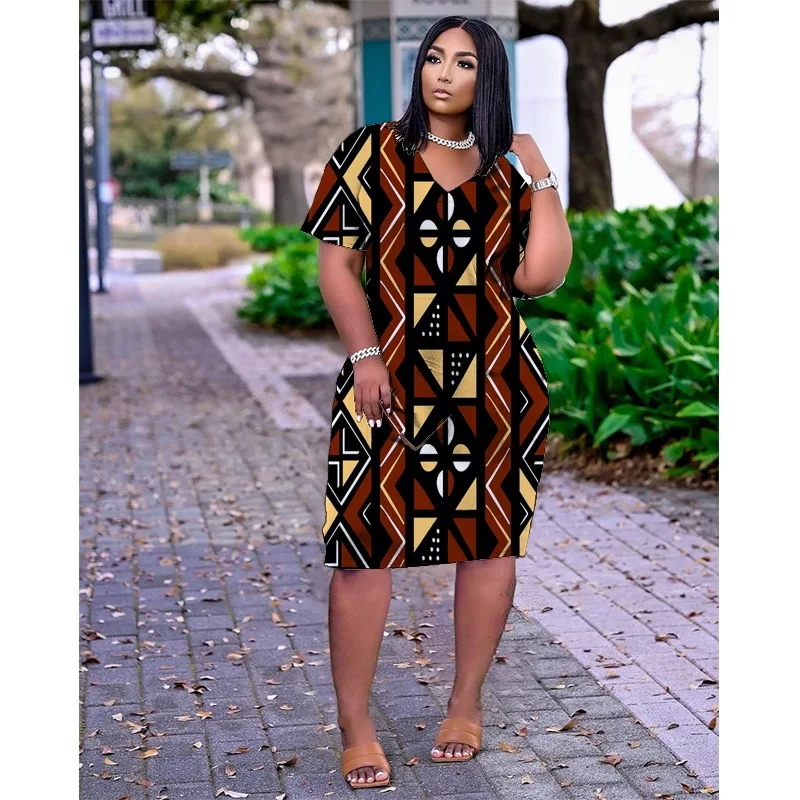 African Dresses For Women 2023 Women's Summer Plus Size V Neck Short Sleeve  Knee Pocket Casual Dress