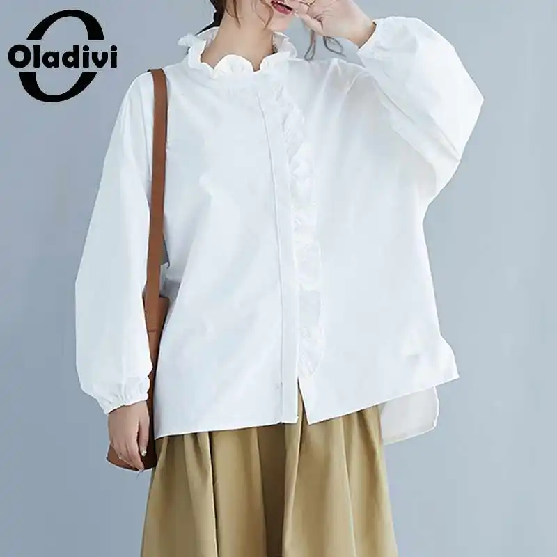 Blouses Oladivi Plus-Size Women Ruffle-Shirts Long-Sleeve 5XL 7XL 4XL 6XL White XXL Work-Wear