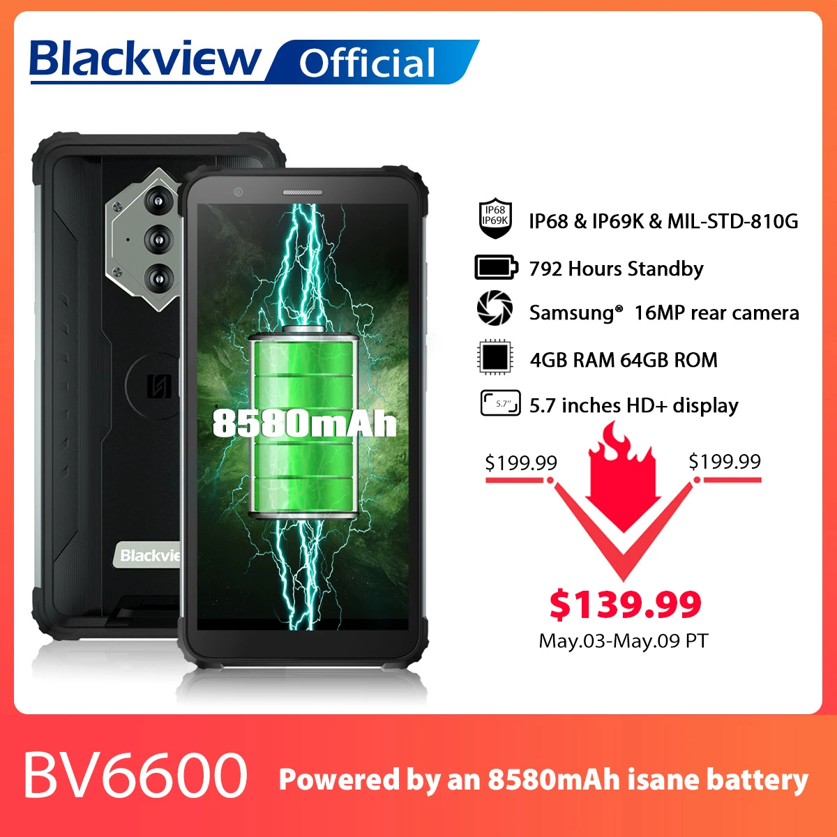 Blackview a BV6600 IP68 8580mAh impermeable resistente teléfono inteligente Octa Core 4GB + 64GB 5,7 teléfono móvil 16MP Cámara NFC Android 10