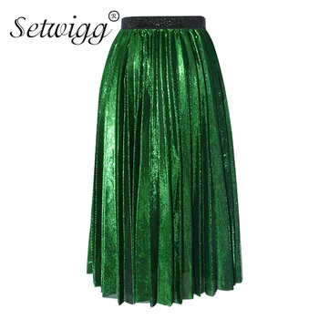 

SETWIGG New Fashion Metallic Mesh Pleated Midi Spring Skirts Elastic Waist A-line Pleated Golden Thread Middle Summer Skirt
