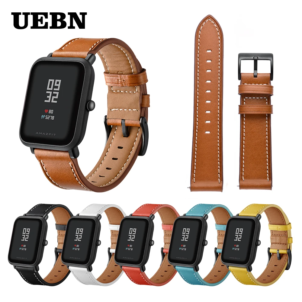 Ремешок UEBN кожаный для Xiaomi huami amazfit bip GTS браслет смарт часов GTR 42 мм 20 мм|Ремешки
