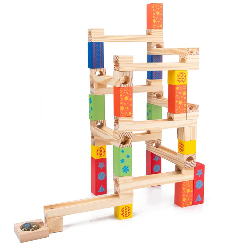 52PC Wooden Marble Track Blocks Children's Educational Assembled DIY Building Blocks Pipe Ball Toy Kids Gifts