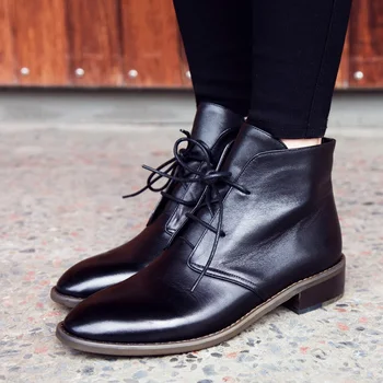 

fashion autumn winter quality genuine leather classic short boots lace-up black high heels platform women ankle boots party shoe