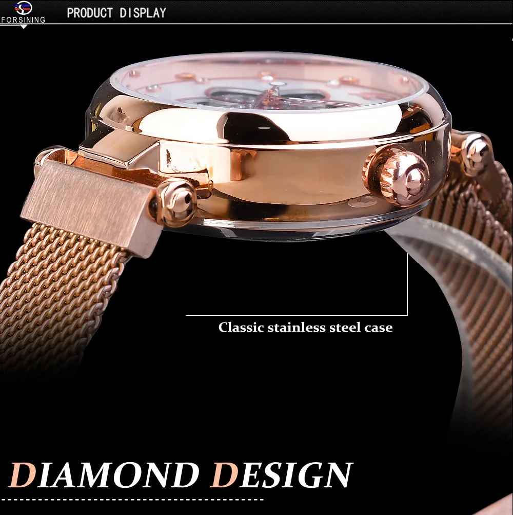 Forsining женские часы Лидирующий бренд роскошный механический автоматический женские часы Креативный циферблат сетка водонепроницаемые светящиеся стрелки часы