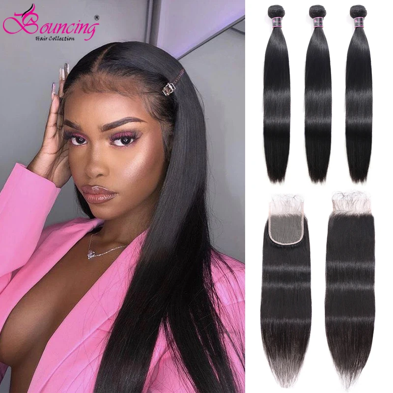 Bone Straight Brazilian Closure Bundles Human Hair Extensions Closure