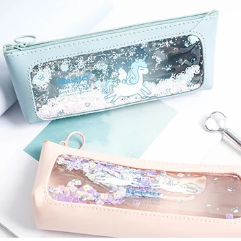 

Lovely Unicorn Oil Sandpaper Sequin Transparent Pencil Bag Soft Stationery Pen Pouch Kid Gift Office School Supplies