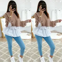 Meihuida Женский Повседневный пуловер с длинным рукавом в стиле «летучая мышь» в стиле пэчворк свободные рубашки больших размеров мягкие удобные свитера